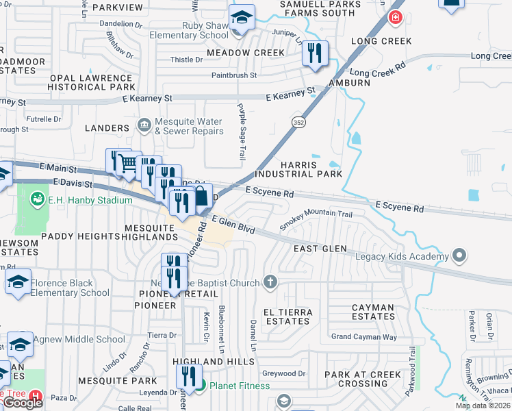 map of restaurants, bars, coffee shops, grocery stores, and more near 1508 Savannah Street in Mesquite