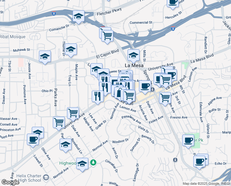 map of restaurants, bars, coffee shops, grocery stores, and more near 7966 La Mesa Boulevard in La Mesa
