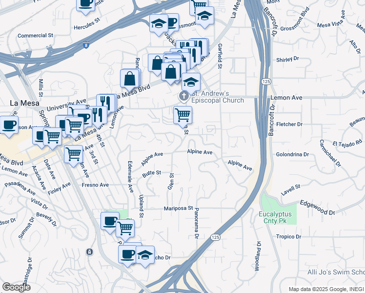 map of restaurants, bars, coffee shops, grocery stores, and more near 4716 Mission Bell Lane in La Mesa