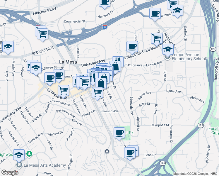 map of restaurants, bars, coffee shops, grocery stores, and more near 4676 4th Street in La Mesa