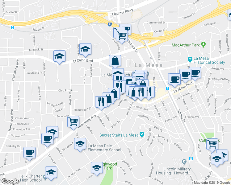 map of restaurants, bars, coffee shops, grocery stores, and more near in La Mesa