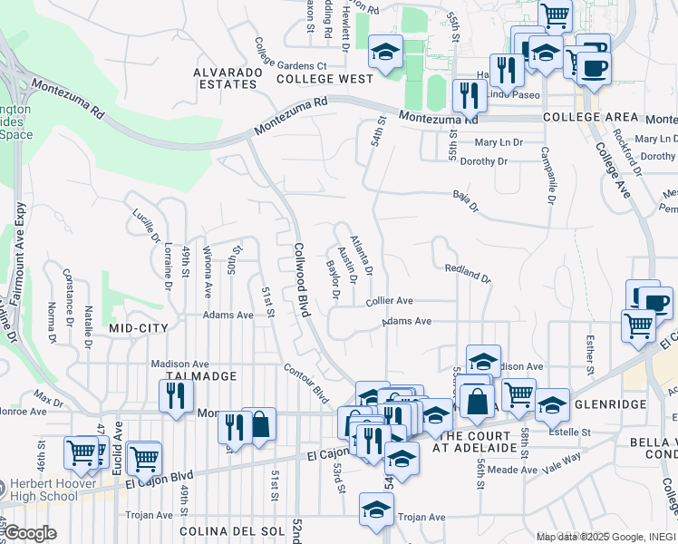 map of restaurants, bars, coffee shops, grocery stores, and more near 4750 Austin Drive in San Diego