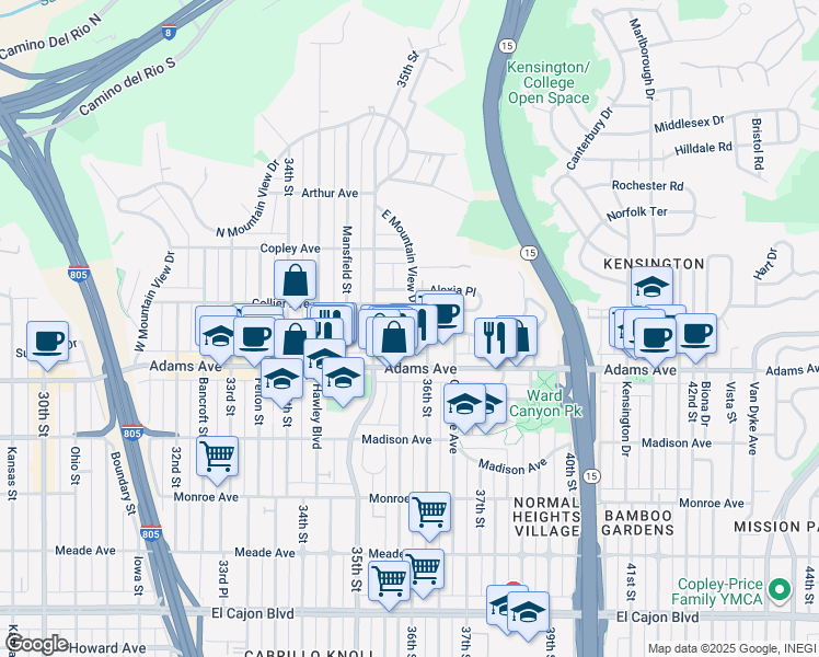 map of restaurants, bars, coffee shops, grocery stores, and more near 4760 36th Street in San Diego