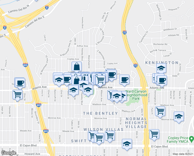 map of restaurants, bars, coffee shops, grocery stores, and more near 4753 35th Street in San Diego