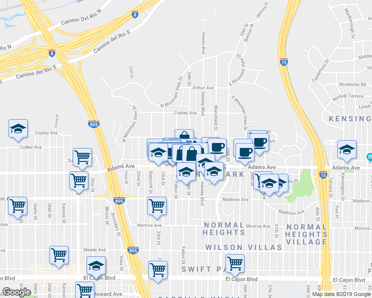 map of restaurants, bars, coffee shops, grocery stores, and more near 4745 Felton Street in San Diego