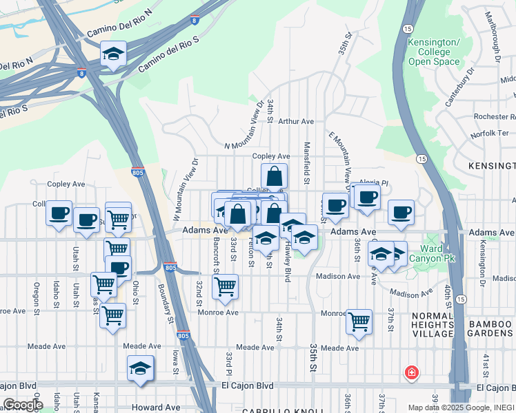 map of restaurants, bars, coffee shops, grocery stores, and more near 4745 Felton Street in San Diego