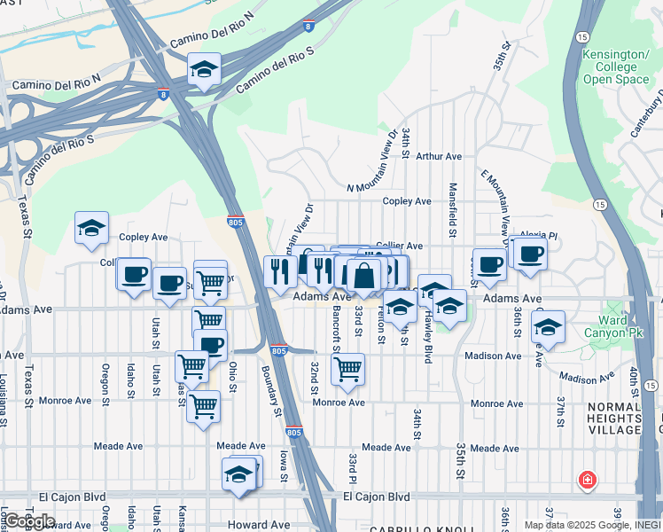 map of restaurants, bars, coffee shops, grocery stores, and more near 4741 32nd Street in San Diego