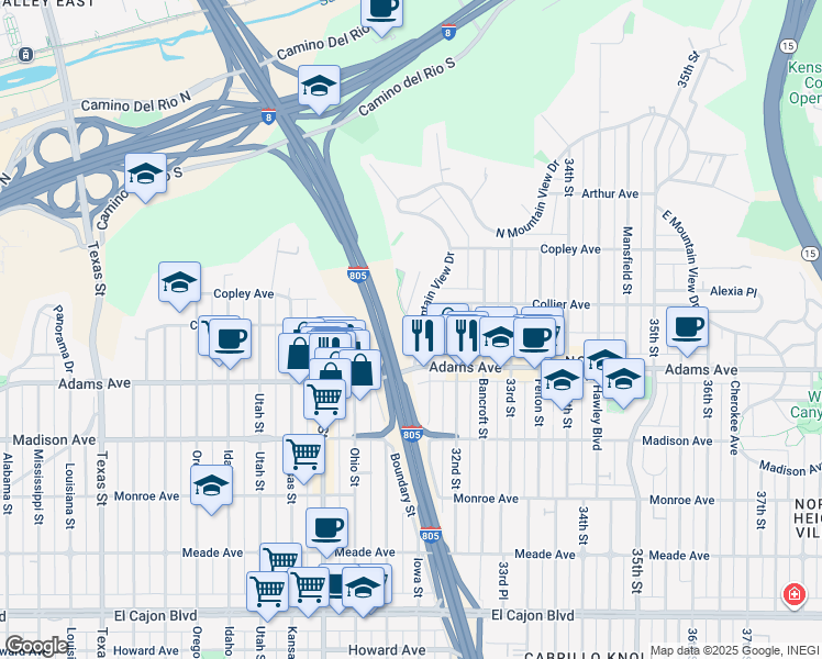 map of restaurants, bars, coffee shops, grocery stores, and more near 4718 Kenmore Terrace in San Diego