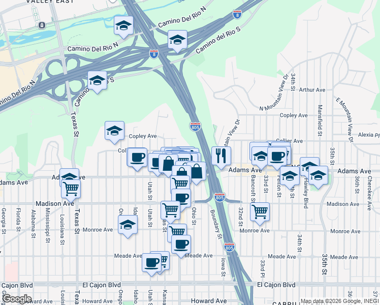 map of restaurants, bars, coffee shops, grocery stores, and more near 3072 Suncrest Drive in San Diego