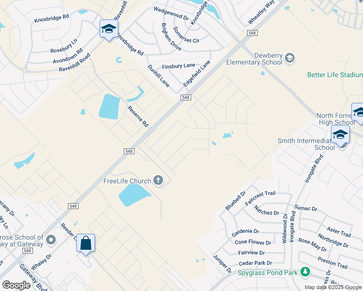 map of restaurants, bars, coffee shops, grocery stores, and more near 14713 Farm to Market 548 in Forney