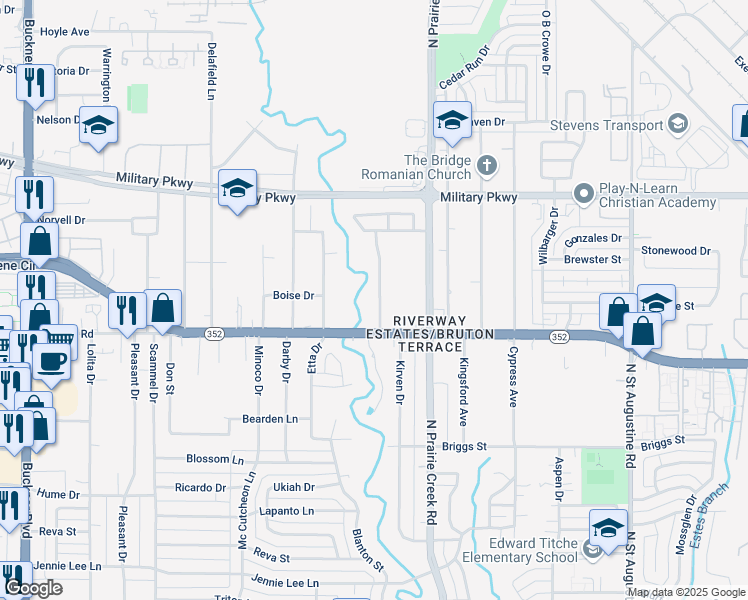 map of restaurants, bars, coffee shops, grocery stores, and more near 3026 Dusty Oak Drive in Dallas