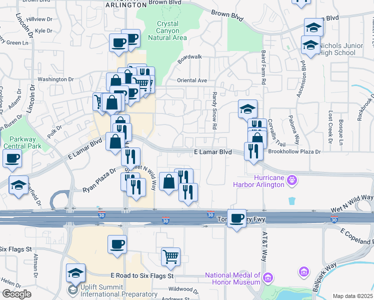 map of restaurants, bars, coffee shops, grocery stores, and more near 1200 East Lamar Boulevard in Arlington