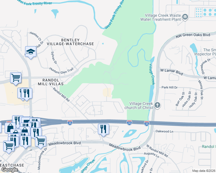 map of restaurants, bars, coffee shops, grocery stores, and more near 8957 Creek Run Road in Fort Worth
