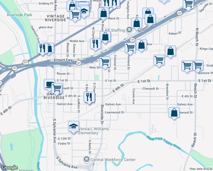 map of restaurants, bars, coffee shops, grocery stores, and more near 3221 Chenault Street in Fort Worth