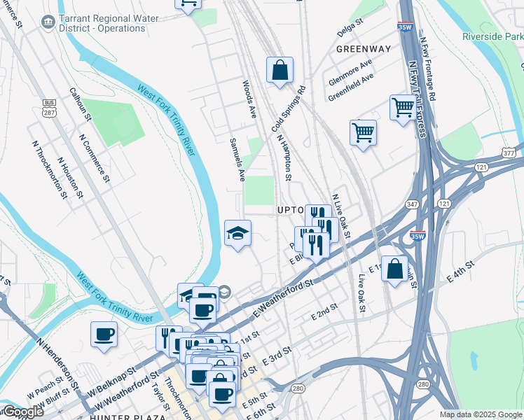 map of restaurants, bars, coffee shops, grocery stores, and more near 521 Samuels Avenue in Fort Worth