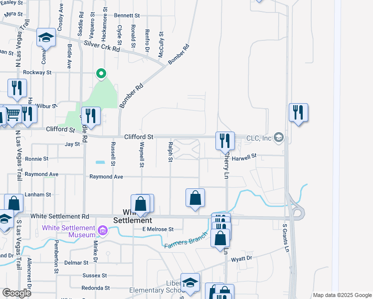 map of restaurants, bars, coffee shops, grocery stores, and more near 400 Ralph Street in White Settlement