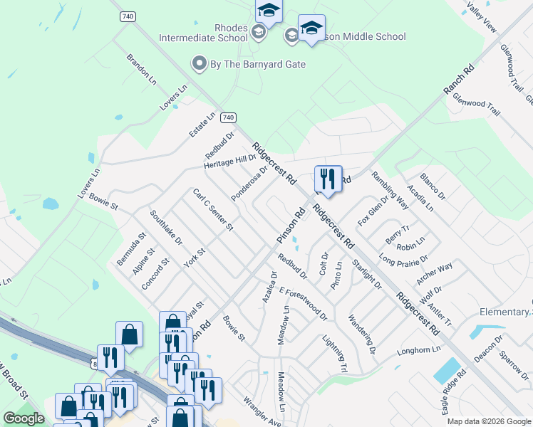 map of restaurants, bars, coffee shops, grocery stores, and more near 414 Magnolia Drive in Forney