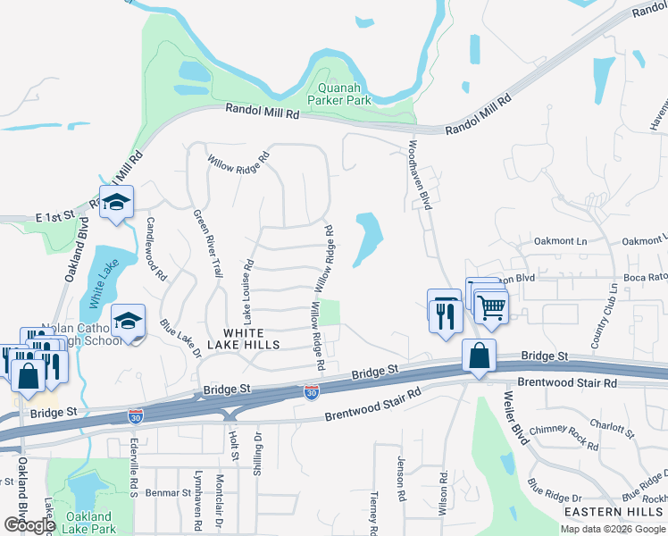map of restaurants, bars, coffee shops, grocery stores, and more near 613 Willow Ridge Road in Fort Worth
