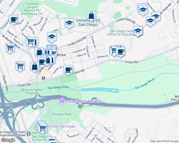 map of restaurants, bars, coffee shops, grocery stores, and more near 5745 Friars Road in San Diego