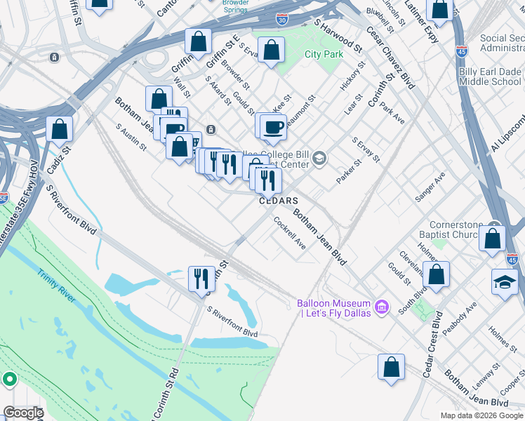 map of restaurants, bars, coffee shops, grocery stores, and more near 2027 Cockrell Avenue in Dallas