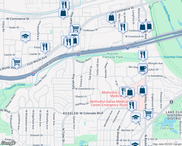 map of restaurants, bars, coffee shops, grocery stores, and more near 1600 Evergreen Hills Road in Dallas