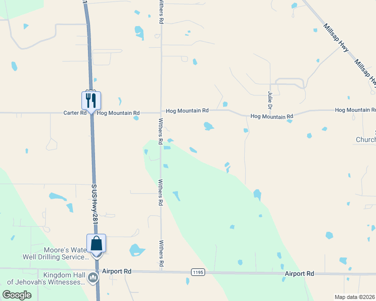 map of restaurants, bars, coffee shops, grocery stores, and more near 1407 Withers Road in Mineral Wells
