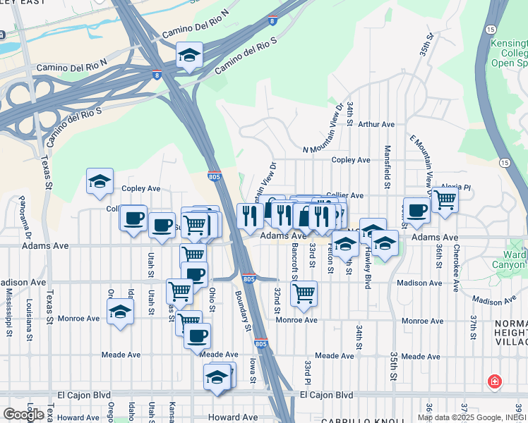 map of restaurants, bars, coffee shops, grocery stores, and more near 4757 West Mountain View Drive in San Diego
