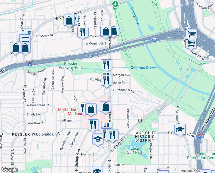 map of restaurants, bars, coffee shops, grocery stores, and more near 1619 North Beckley Avenue in Dallas