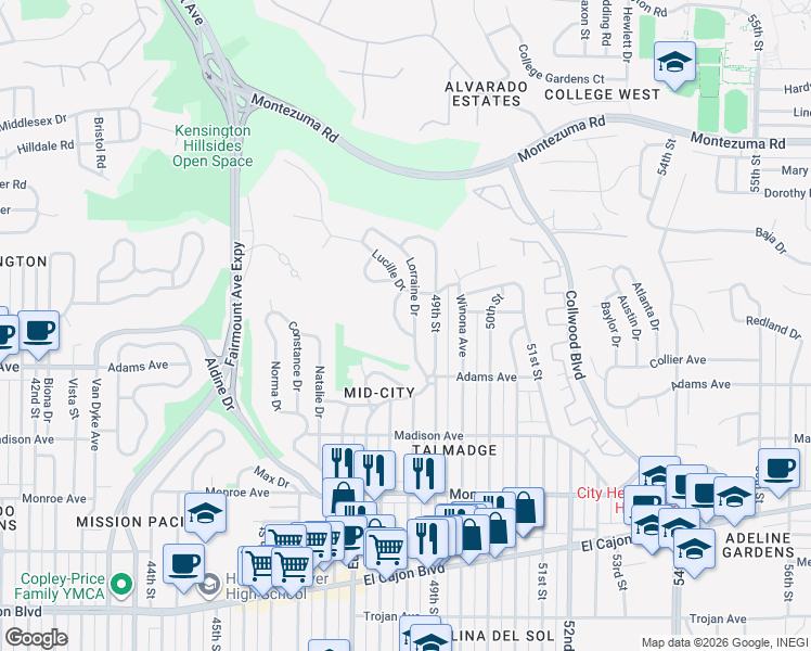 map of restaurants, bars, coffee shops, grocery stores, and more near 4815 Louise Drive in San Diego