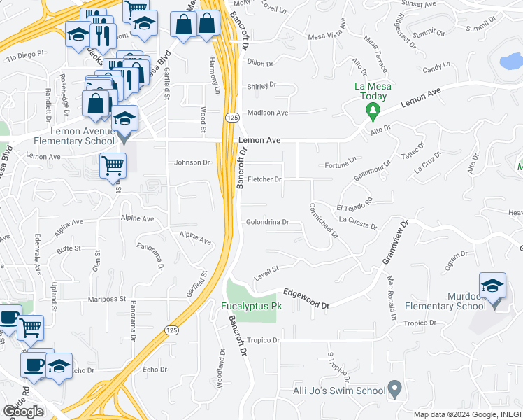 map of restaurants, bars, coffee shops, grocery stores, and more near 9161 Spice Street in La Mesa