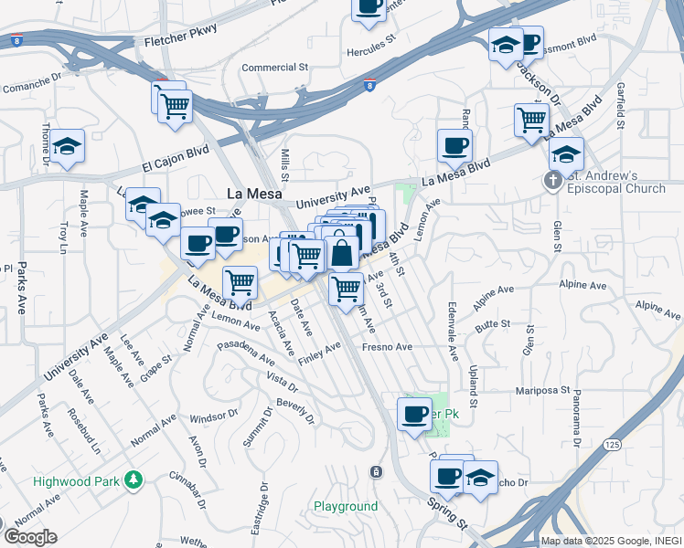 map of restaurants, bars, coffee shops, grocery stores, and more near 4730 Palm Avenue in La Mesa