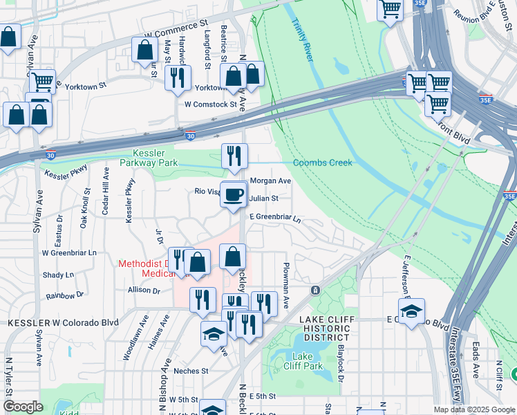 map of restaurants, bars, coffee shops, grocery stores, and more near 119 East Greenbriar Lane in Dallas