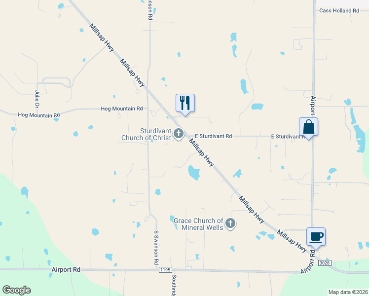 map of restaurants, bars, coffee shops, grocery stores, and more near 2092 Millsap Highway in Mineral Wells