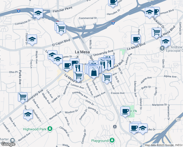 map of restaurants, bars, coffee shops, grocery stores, and more near 8166 La Mesa Boulevard in La Mesa