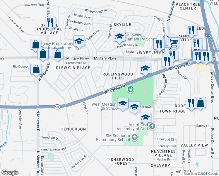map of restaurants, bars, coffee shops, grocery stores, and more near 317 Brunswick Ln in Mesquite