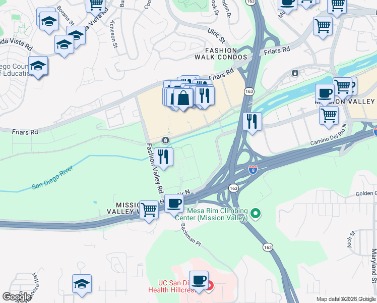 map of restaurants, bars, coffee shops, grocery stores, and more near Unnamed Road in San Diego
