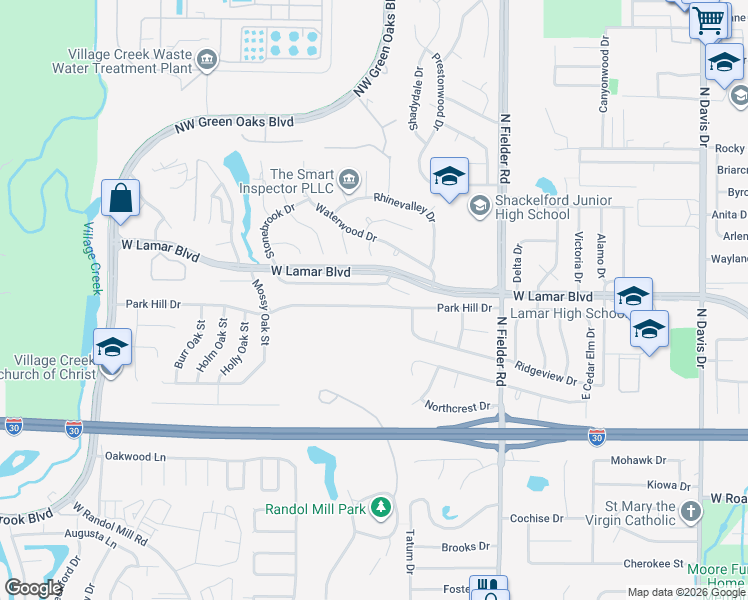 map of restaurants, bars, coffee shops, grocery stores, and more near 1809 Park Hill Drive in Arlington