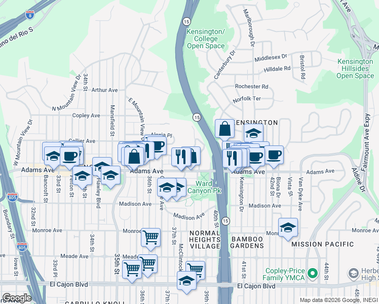 map of restaurants, bars, coffee shops, grocery stores, and more near 3861 Belmont Avenue in San Diego