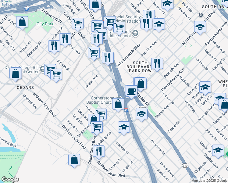 map of restaurants, bars, coffee shops, grocery stores, and more near 2811 South Harwood Street in Dallas