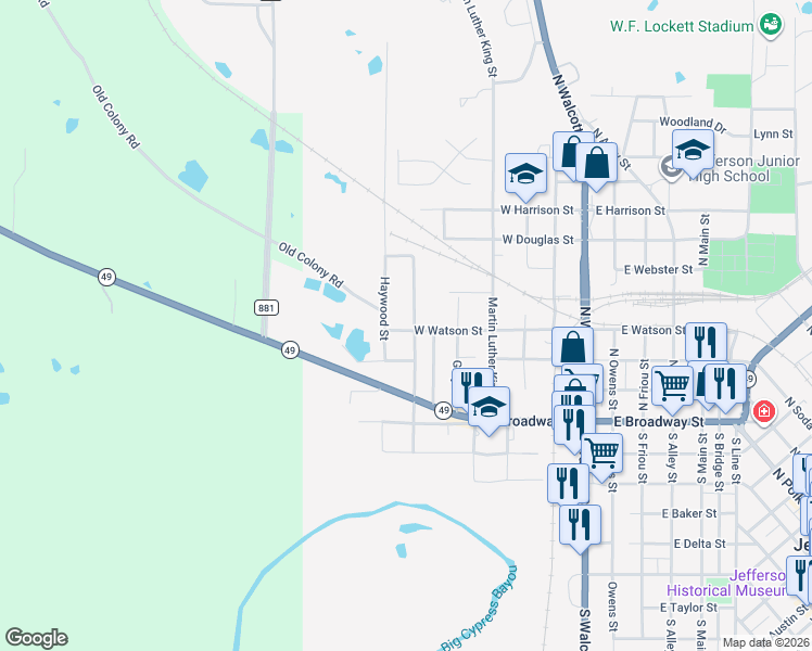map of restaurants, bars, coffee shops, grocery stores, and more near 801 West Watson Street in Jefferson