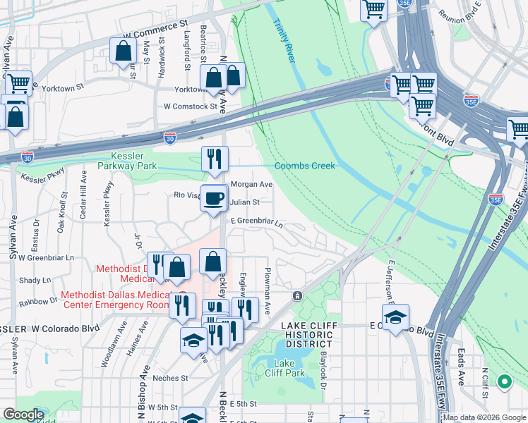 map of restaurants, bars, coffee shops, grocery stores, and more near 223 E Greenbriar Ln in Dallas