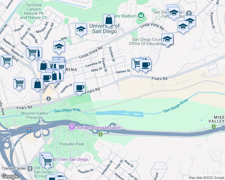 map of restaurants, bars, coffee shops, grocery stores, and more near 5865 Friars Road in San Diego