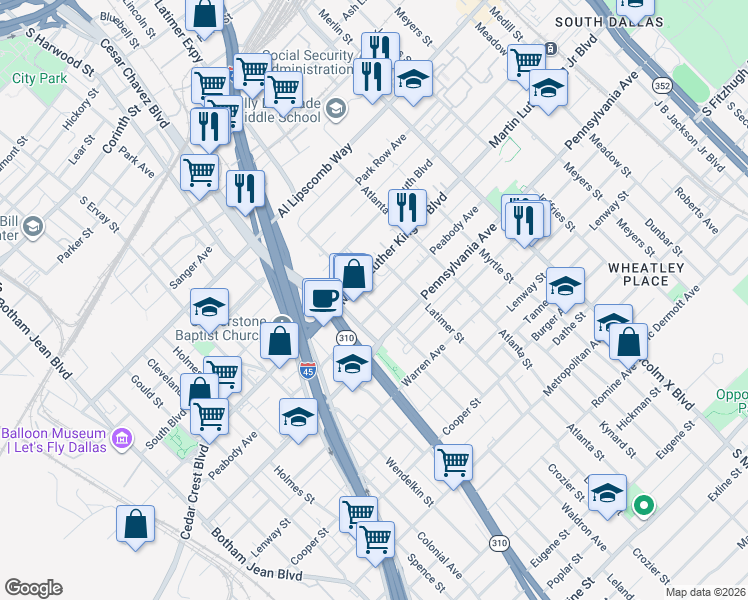 map of restaurants, bars, coffee shops, grocery stores, and more near 2401 Peabody Avenue in Dallas