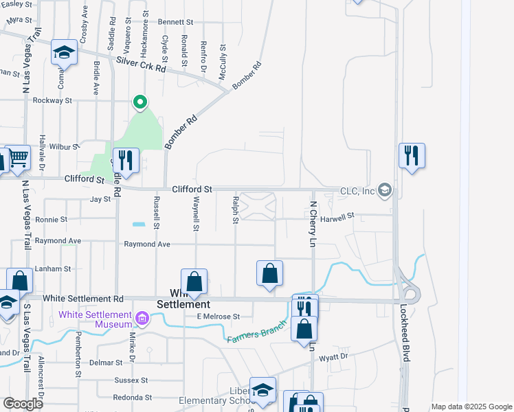 map of restaurants, bars, coffee shops, grocery stores, and more near 400 Ralph Street in White Settlement
