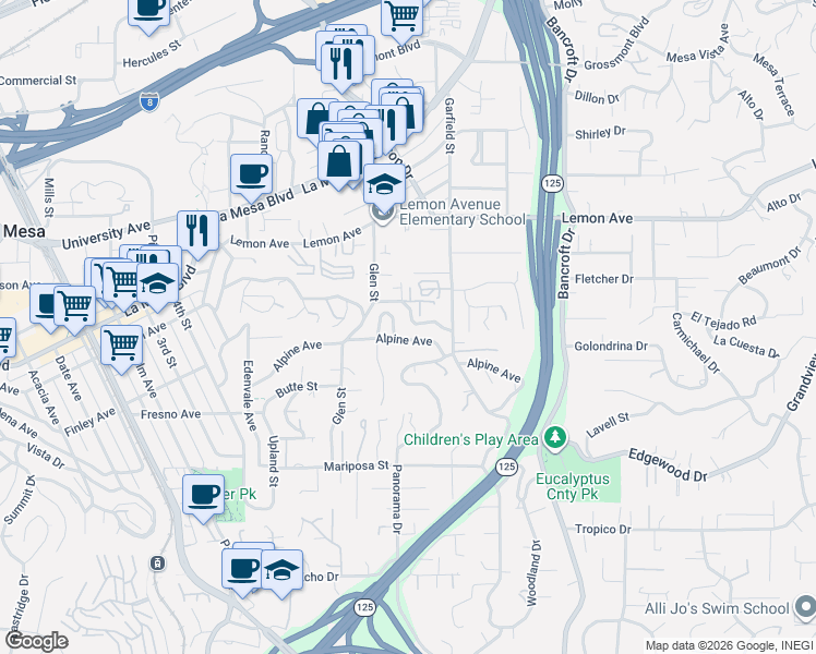 map of restaurants, bars, coffee shops, grocery stores, and more near 8785 Glenira Avenue in La Mesa
