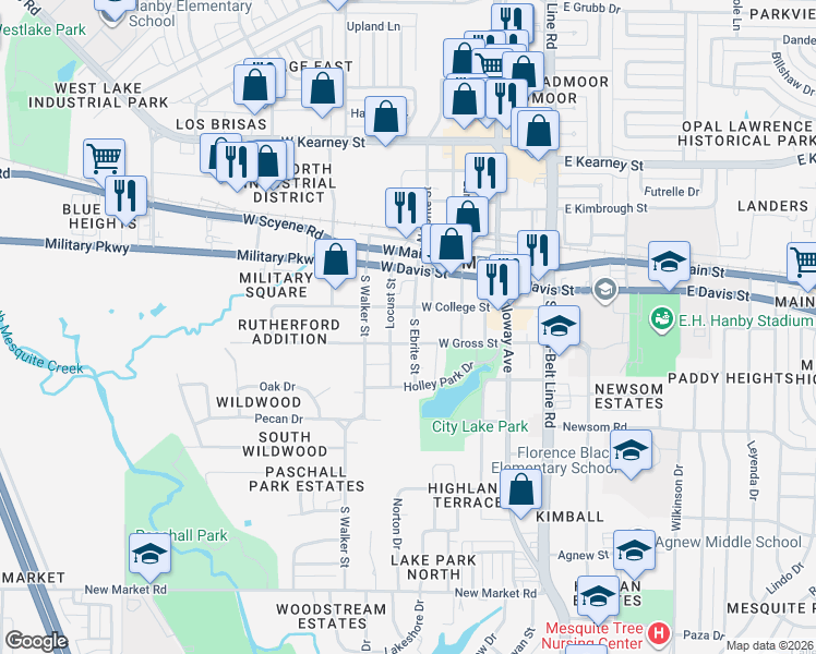 map of restaurants, bars, coffee shops, grocery stores, and more near 316 Locust Street in Mesquite