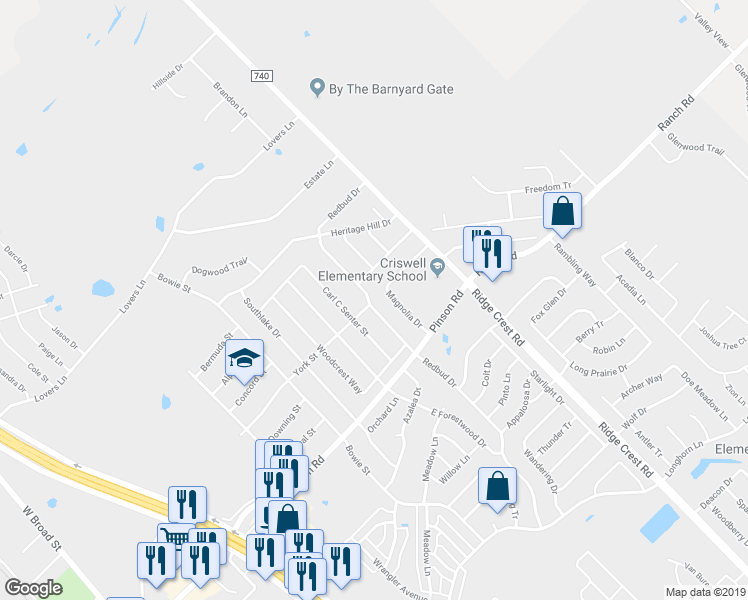 map of restaurants, bars, coffee shops, grocery stores, and more near 426 Redbud Drive in Forney