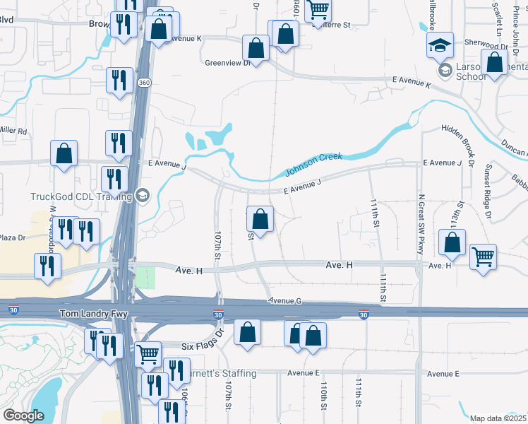 map of restaurants, bars, coffee shops, grocery stores, and more near 802 East Avenue J in Grand Prairie