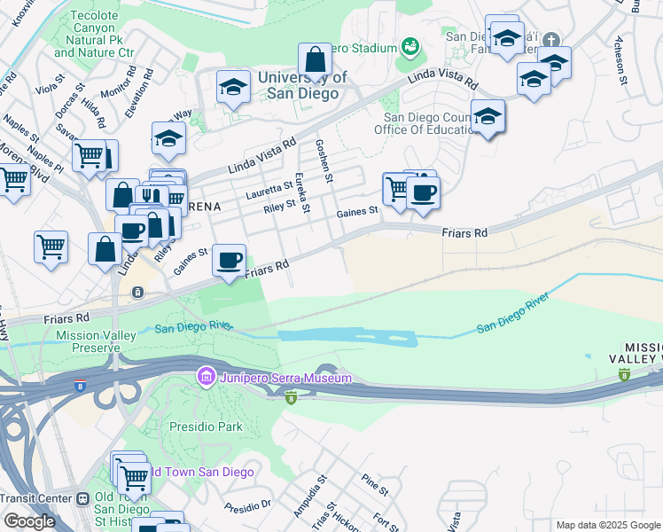 map of restaurants, bars, coffee shops, grocery stores, and more near 5865 Friars Road in San Diego