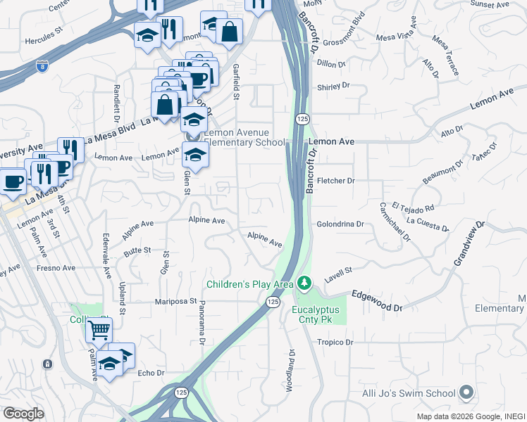 map of restaurants, bars, coffee shops, grocery stores, and more near 8939 Highfield Avenue in La Mesa